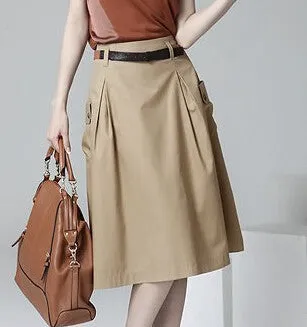 Fashion Style Casual A-line Pockets Skirt Khaki and Black Solid Midi Princess Button Women Skirts