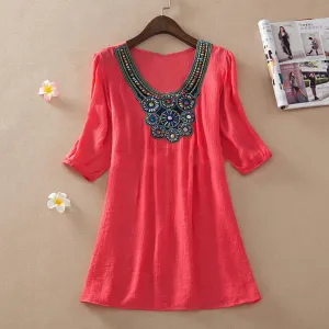 Fashion transparent Clothing Women V-Neck Beading long Linen Shirts Loose Tops And Women Blouses L-XXXL 6017