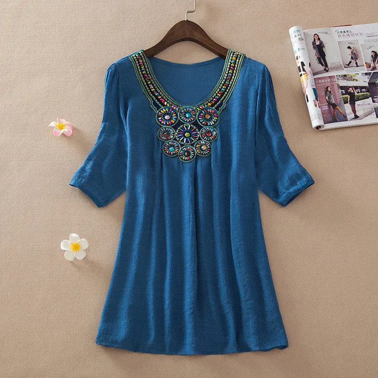 Fashion transparent Clothing Women V-Neck Beading long Linen Shirts Loose Tops And Women Blouses L-XXXL 6017