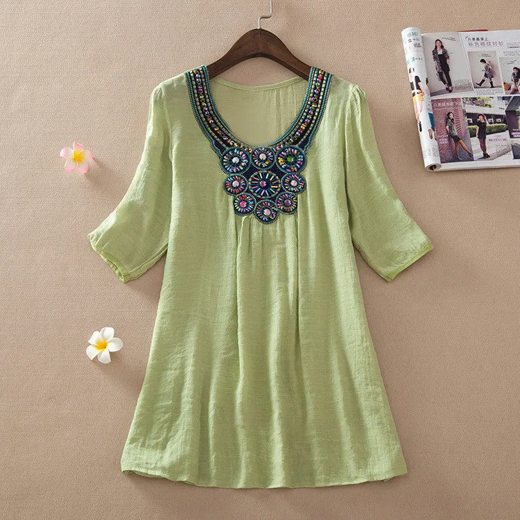 Fashion transparent Clothing Women V-Neck Beading long Linen Shirts Loose Tops And Women Blouses L-XXXL 6017