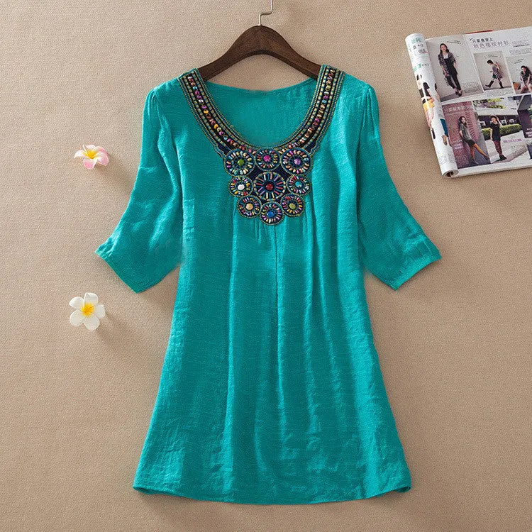 Fashion transparent Clothing Women V-Neck Beading long Linen Shirts Loose Tops And Women Blouses L-XXXL 6017