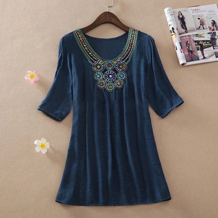 Fashion transparent Clothing Women V-Neck Beading long Linen Shirts Loose Tops And Women Blouses L-XXXL 6017