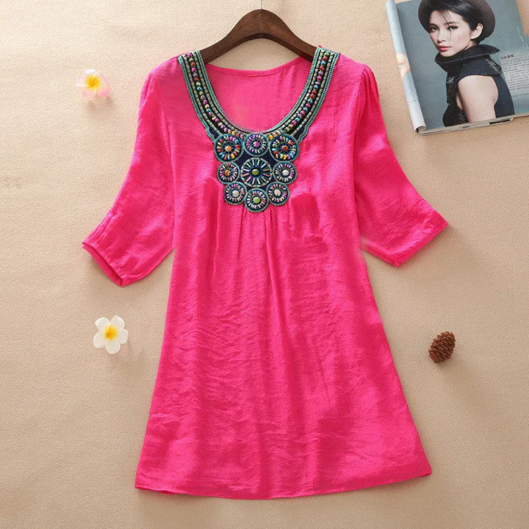 Fashion transparent Clothing Women V-Neck Beading long Linen Shirts Loose Tops And Women Blouses L-XXXL 6017