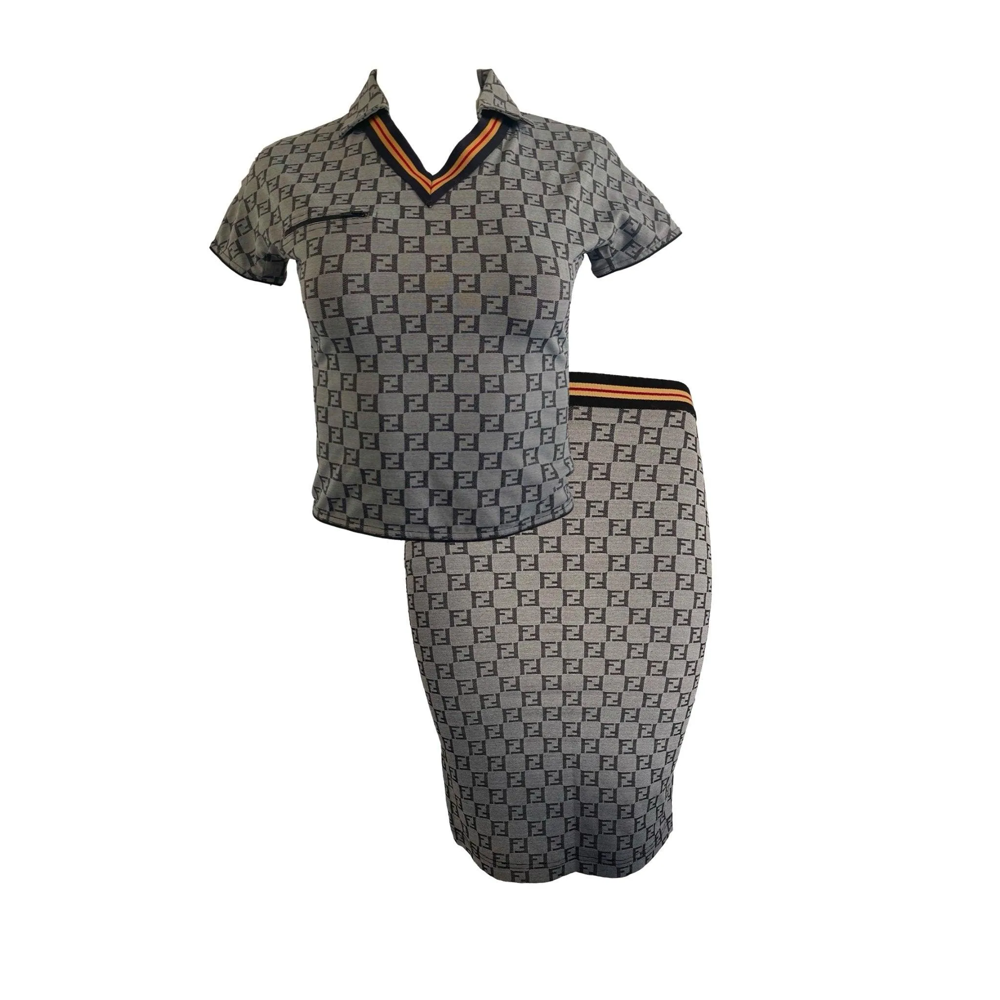 Fendi Grey Monogram Stretch Cropped Skirt Set