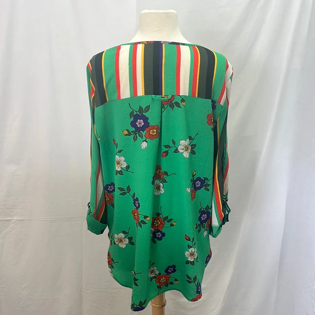 Fig and Flower Colorful Striped Floral Long Sleeve Boat-neck Top -- L
