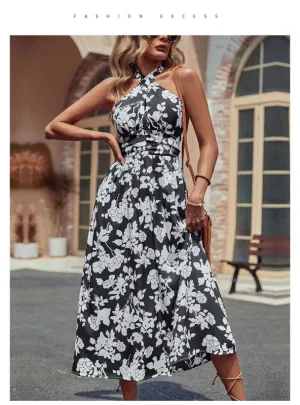 Floral Print Halter Neck Midi Dress with Cross Strap Design