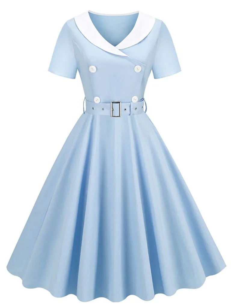 Floral Print Sailor Collar Diagonal Collar 1950S Vintage Swing Dress