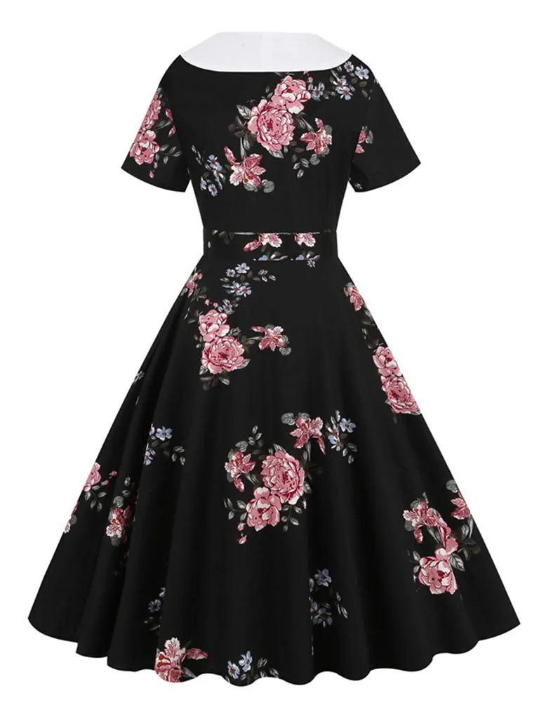 Floral Print Sailor Collar Diagonal Collar 1950S Vintage Swing Dress