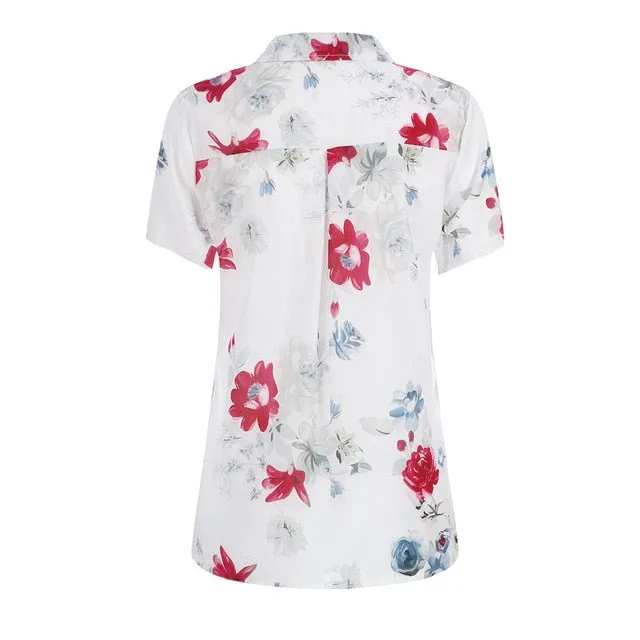 FREE OSTRICH Women Shirts Plum Blossom Large Size Short Sleeve Loose Silky Thin Trend Elegant Noble Vogue Summer Blouse Shirts