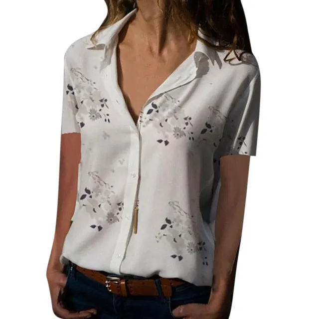 FREE OSTRICH Women Shirts Plum Blossom Large Size Short Sleeve Loose Silky Thin Trend Elegant Noble Vogue Summer Blouse Shirts