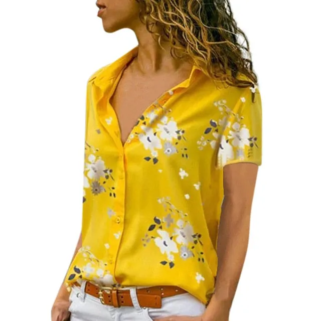 FREE OSTRICH Women Shirts Plum Blossom Large Size Short Sleeve Loose Silky Thin Trend Elegant Noble Vogue Summer Blouse Shirts