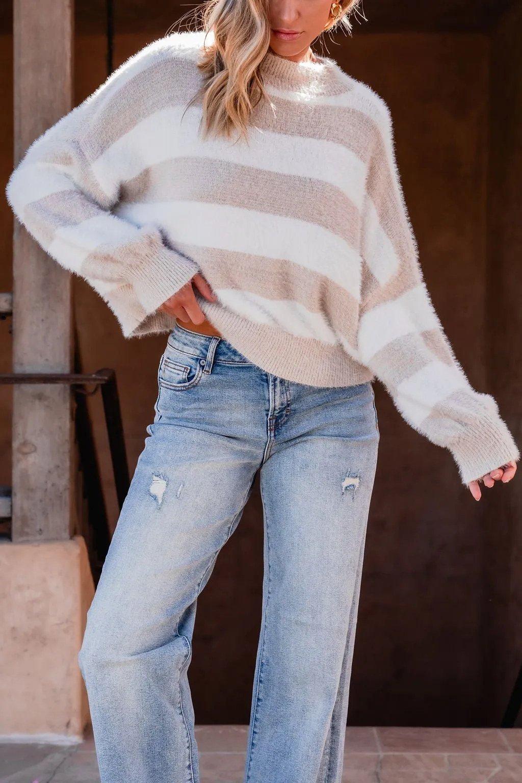 Fuzzy Beige Striped Sweater - FINAL SALE