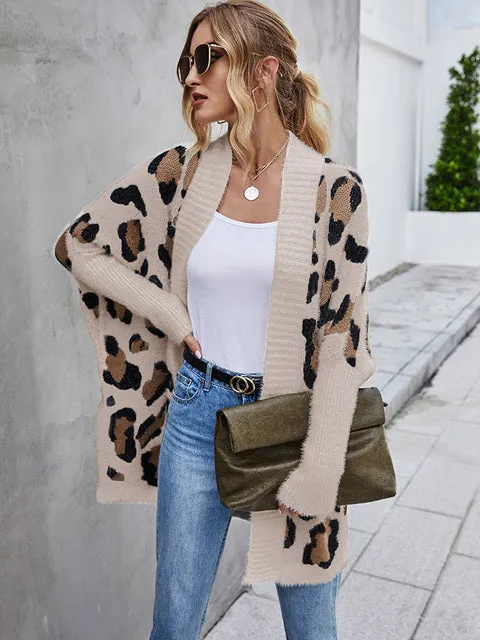Fuzzy Leopard Batwing Sleeve Oversized Sweaters