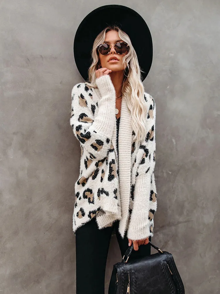 Fuzzy Leopard Batwing Sleeve Oversized Sweaters