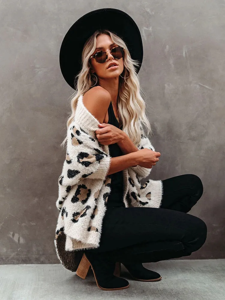 Fuzzy Leopard Batwing Sleeve Oversized Sweaters