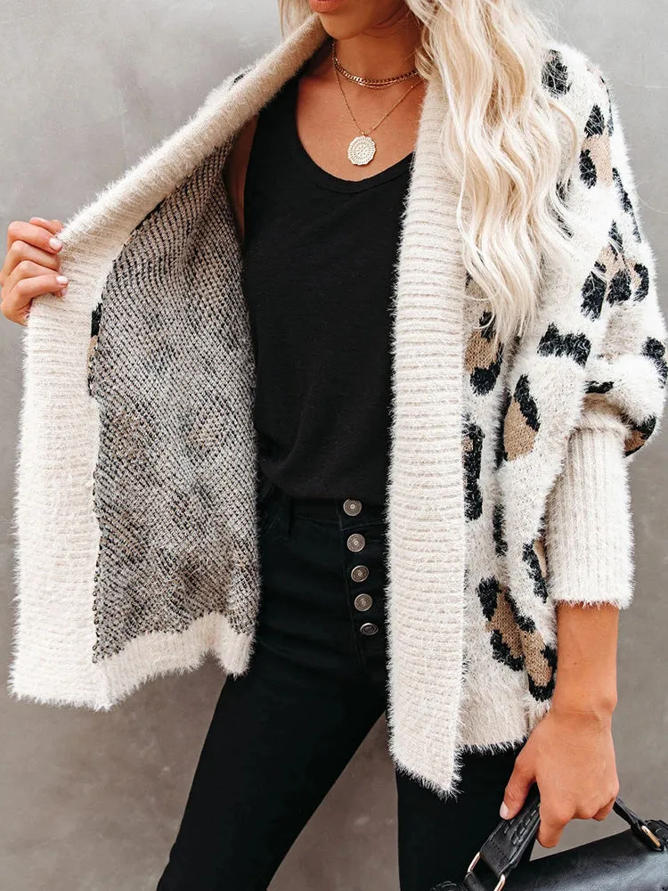 Fuzzy Leopard Batwing Sleeve Oversized Sweaters