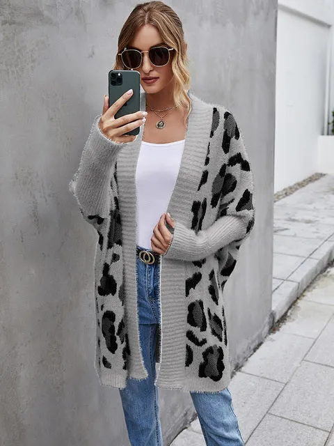 Fuzzy Leopard Batwing Sleeve Oversized Sweaters