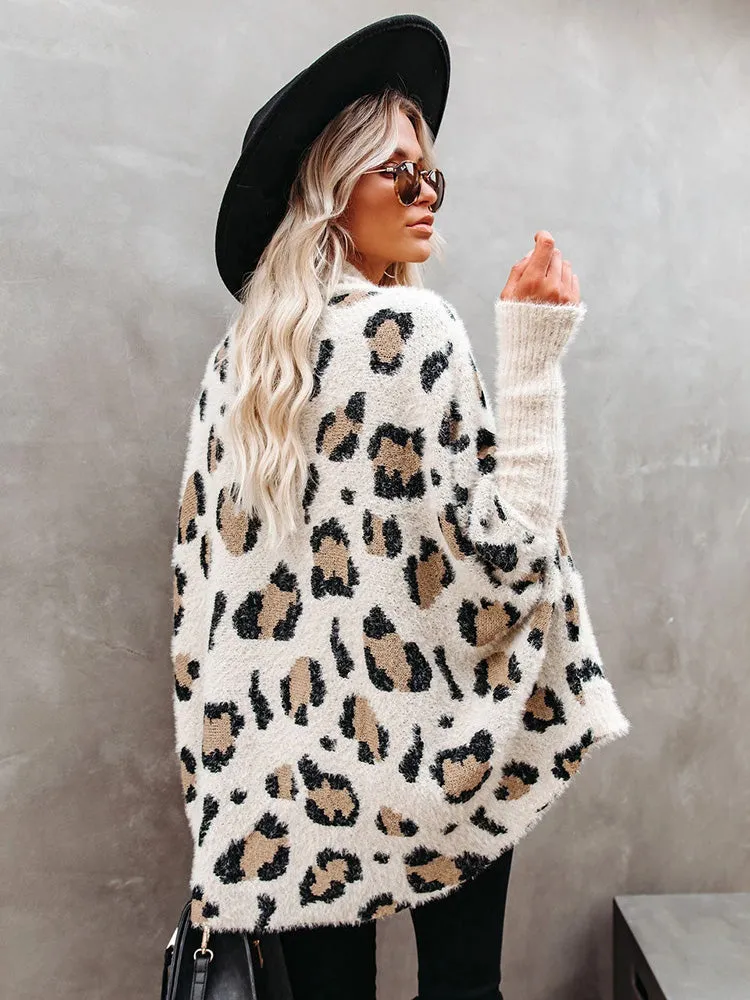 Fuzzy Leopard Batwing Sleeve Oversized Sweaters