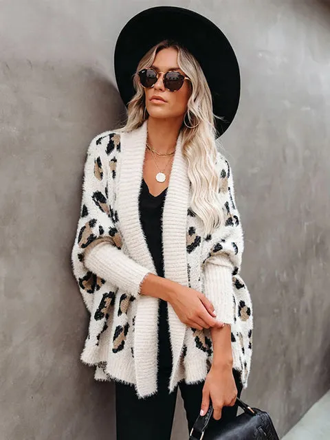 Fuzzy Leopard Batwing Sleeve Oversized Sweaters