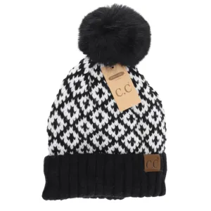 Fuzzy Lined Diamond Patterned Faux Fur Pom C.C Beanie