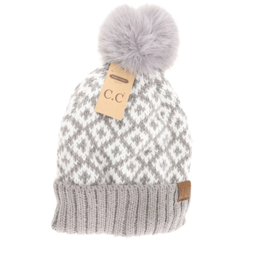 Fuzzy Lined Diamond Patterned Faux Fur Pom C.C Beanie