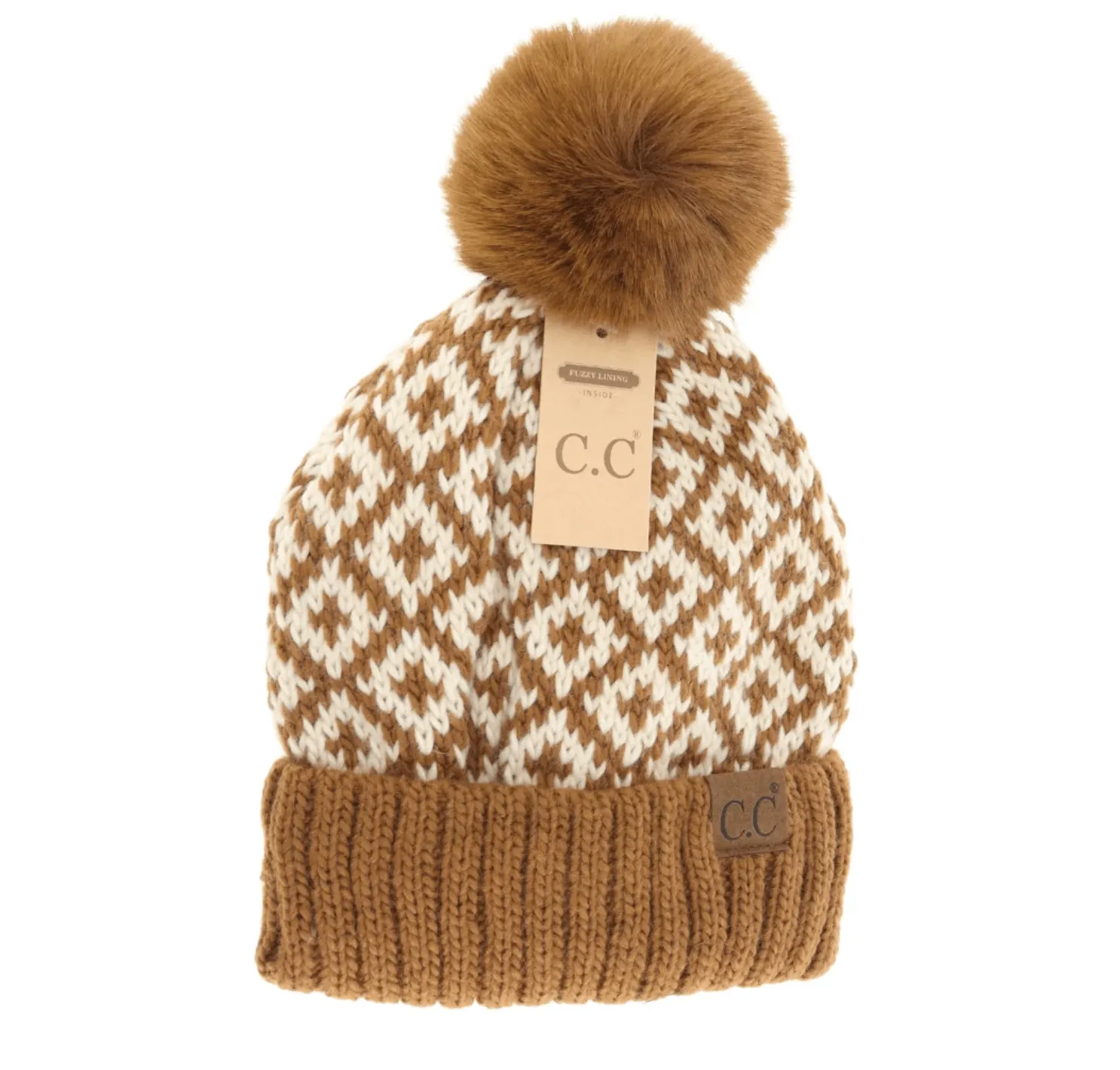 Fuzzy Lined Diamond Patterned Faux Fur Pom C.C Beanie