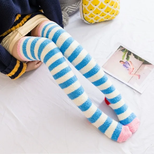 Fuzzy Striped Thigh Highs Socks