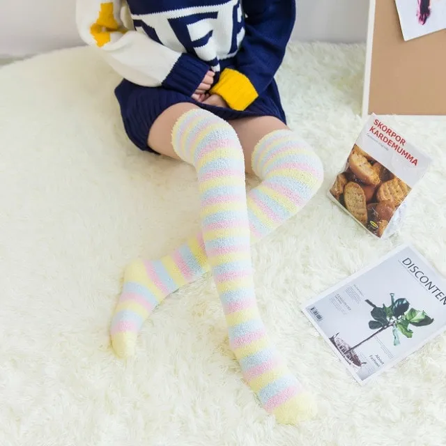 Fuzzy Striped Thigh Highs Socks