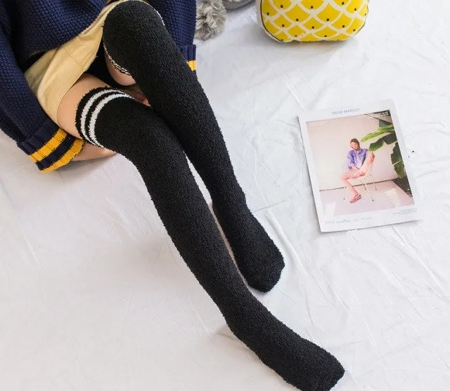 Fuzzy Striped Thigh Highs Socks