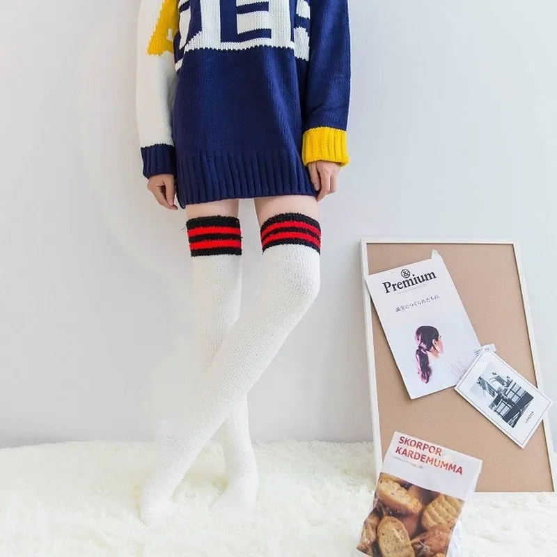 Fuzzy Striped Thigh Highs Socks