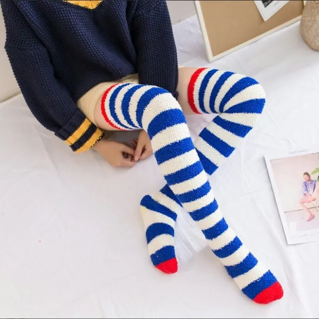 Fuzzy Striped Thigh Highs Socks