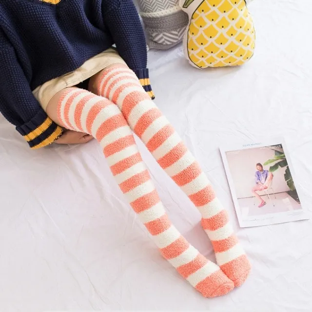 Fuzzy Striped Thigh Highs Socks