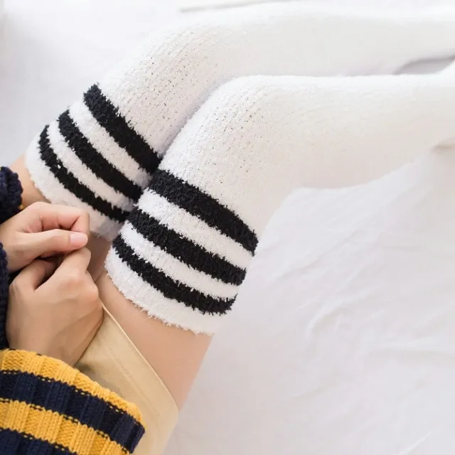 Fuzzy Striped Thigh Highs Socks