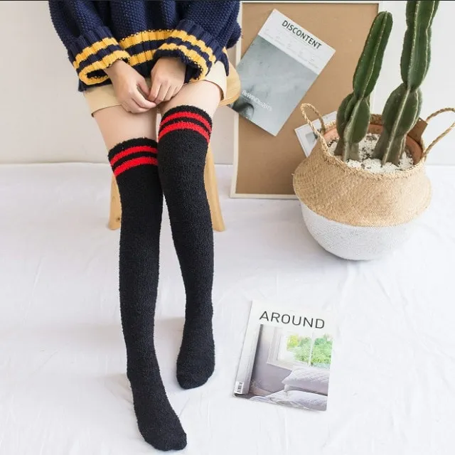 Fuzzy Striped Thigh Highs Socks