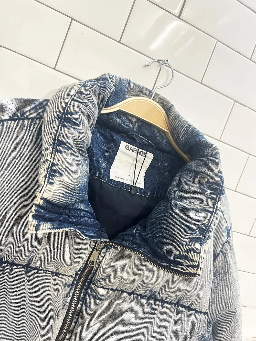 garage acid wash denim puffer coat