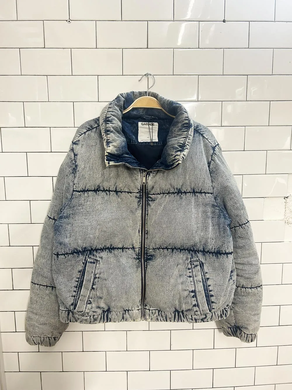 garage acid wash denim puffer coat