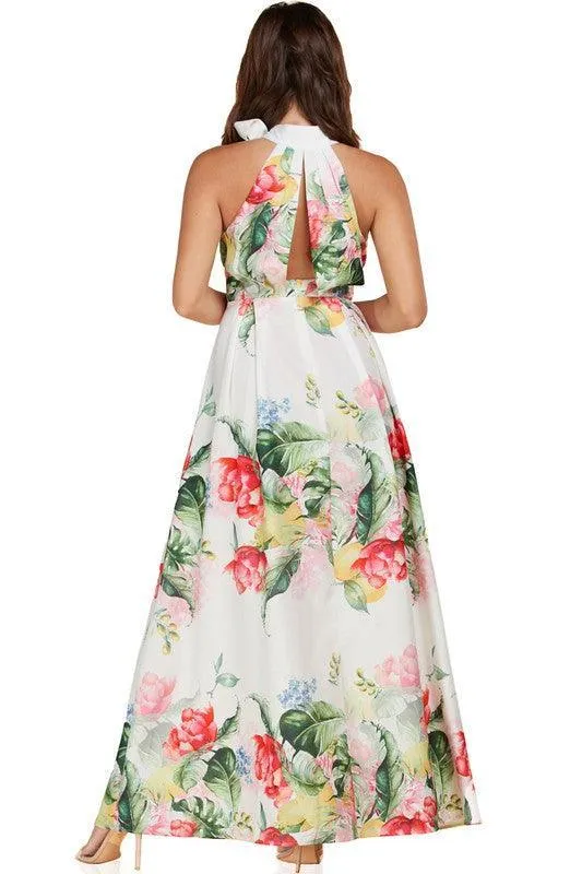 GARDEN PRINT HALTER DRESS