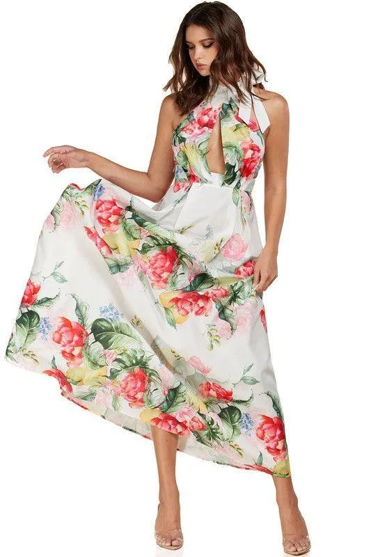 GARDEN PRINT HALTER DRESS