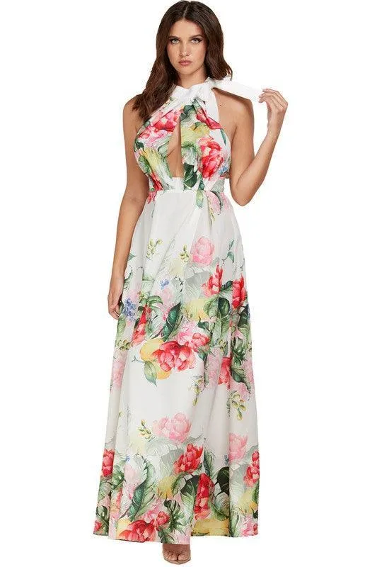 GARDEN PRINT HALTER DRESS