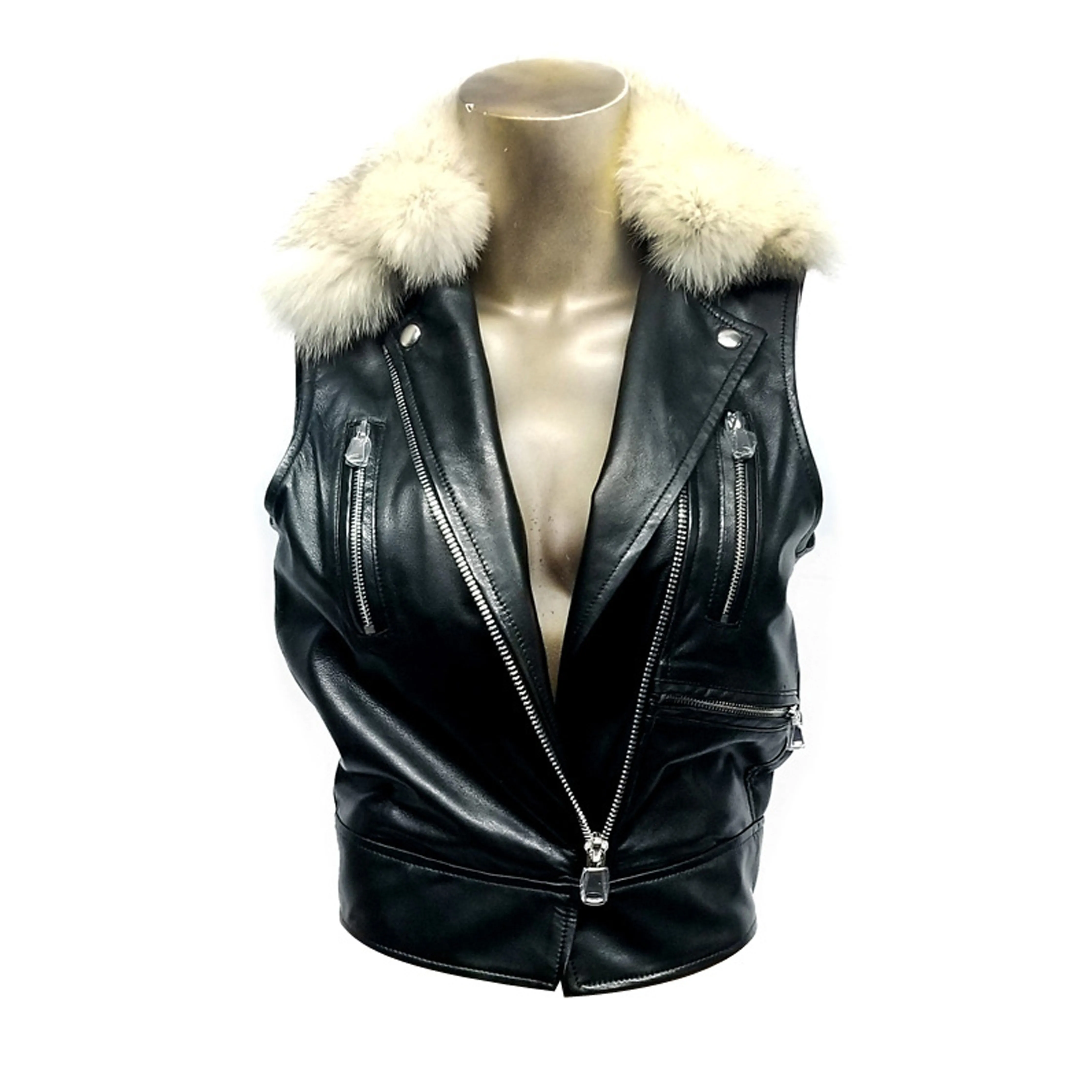 Genuine Black Leather Vest, Removable genuine fur neck optional.