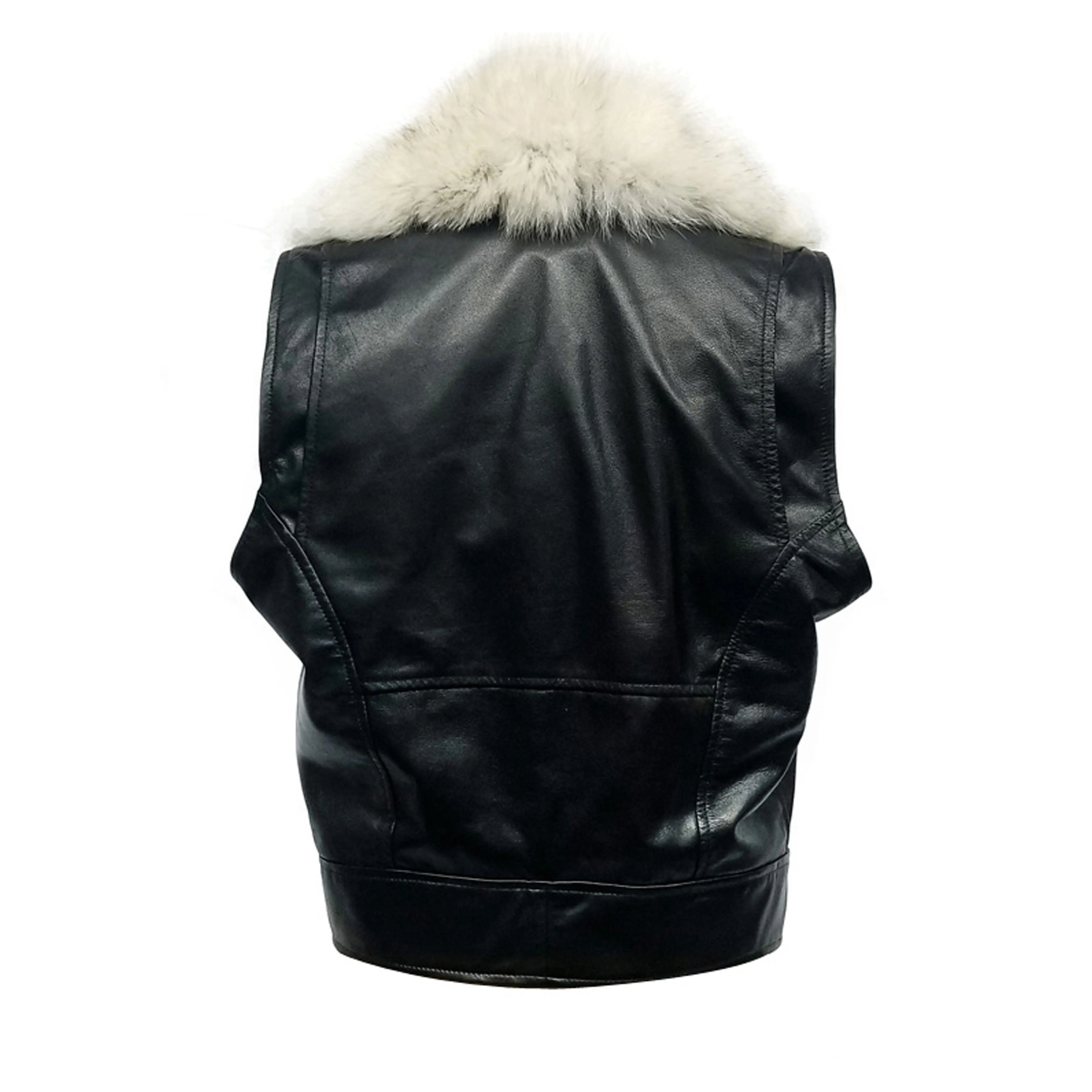 Genuine Black Leather Vest, Removable genuine fur neck optional.