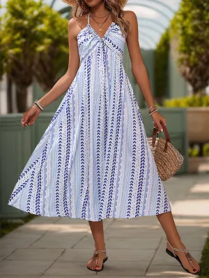Geometric Print Backless Halter Dress with High-Low Hem