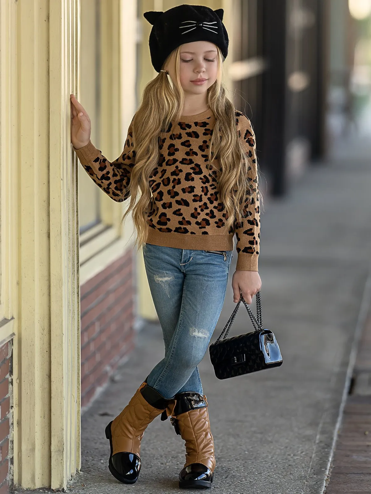 Girls Leopard Print Plush Fuzzy Sweater