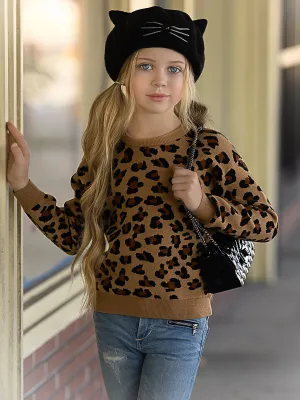 Girls Leopard Print Plush Fuzzy Sweater