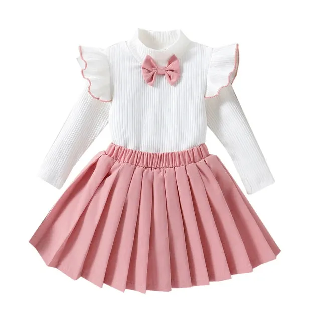 Girls Pleated Skater Skirt and Bow Detail Longsleeve Top