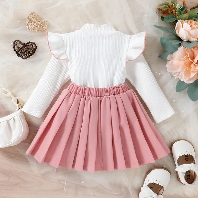 Girls Pleated Skater Skirt and Bow Detail Longsleeve Top