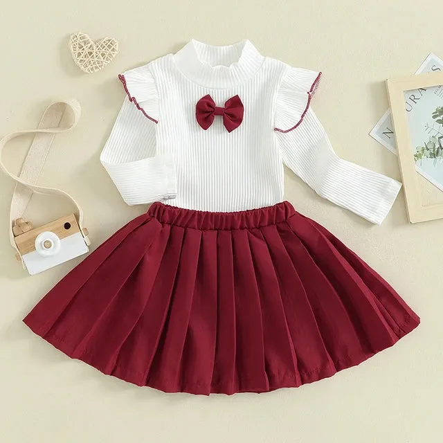 Girls Pleated Skater Skirt and Bow Detail Longsleeve Top