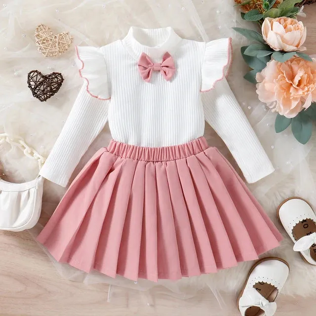 Girls Pleated Skater Skirt and Bow Detail Longsleeve Top