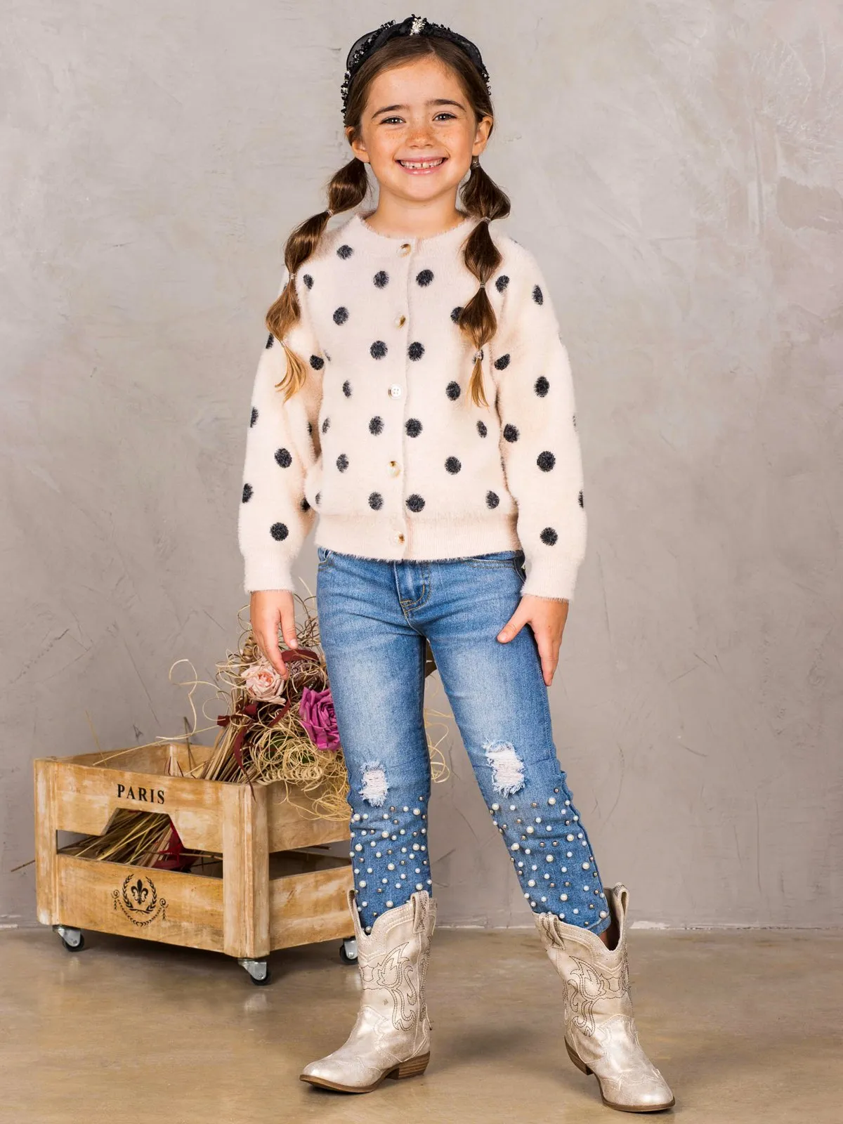 Girls Polka Dot Plush Fuzzy Buttoned Cardigan