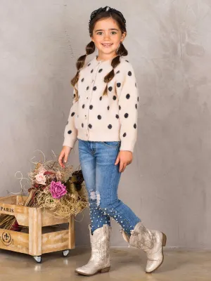 Girls Polka Dot Plush Fuzzy Buttoned Cardigan